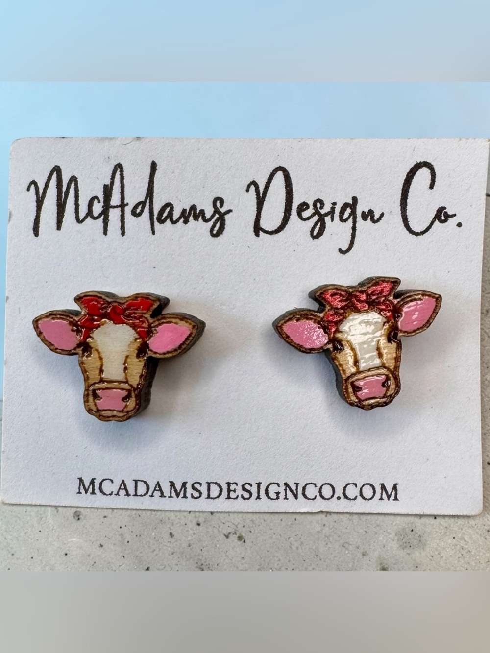 Pink Cow Wooden Stud Earrings